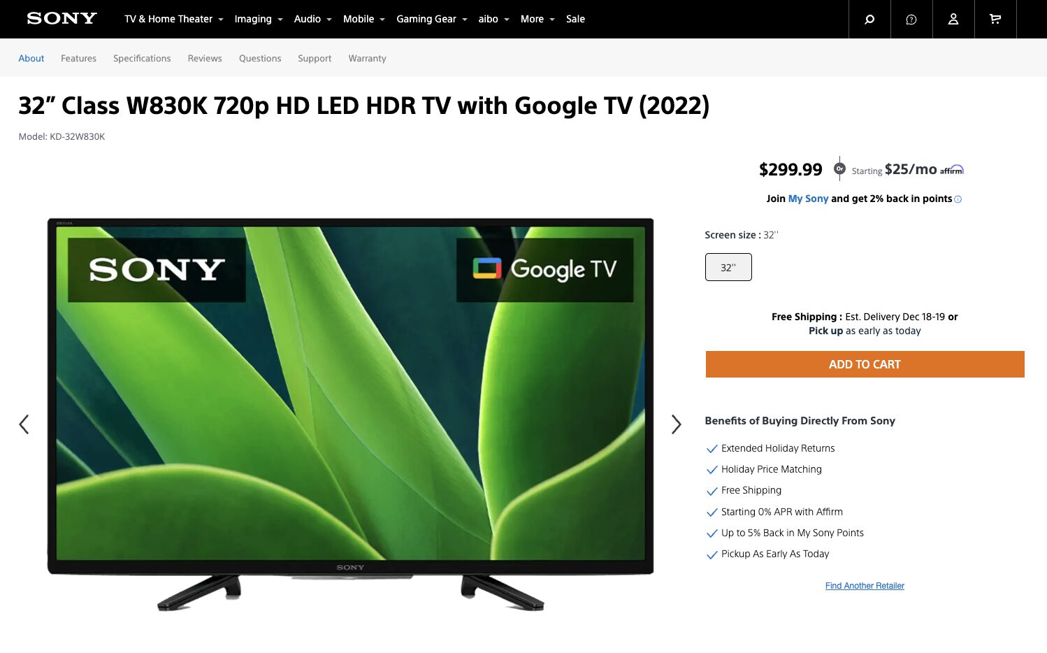 ソニー現行唯一のハイビジョンテレビBRAVIA「KJ-32W500E」、ソニー