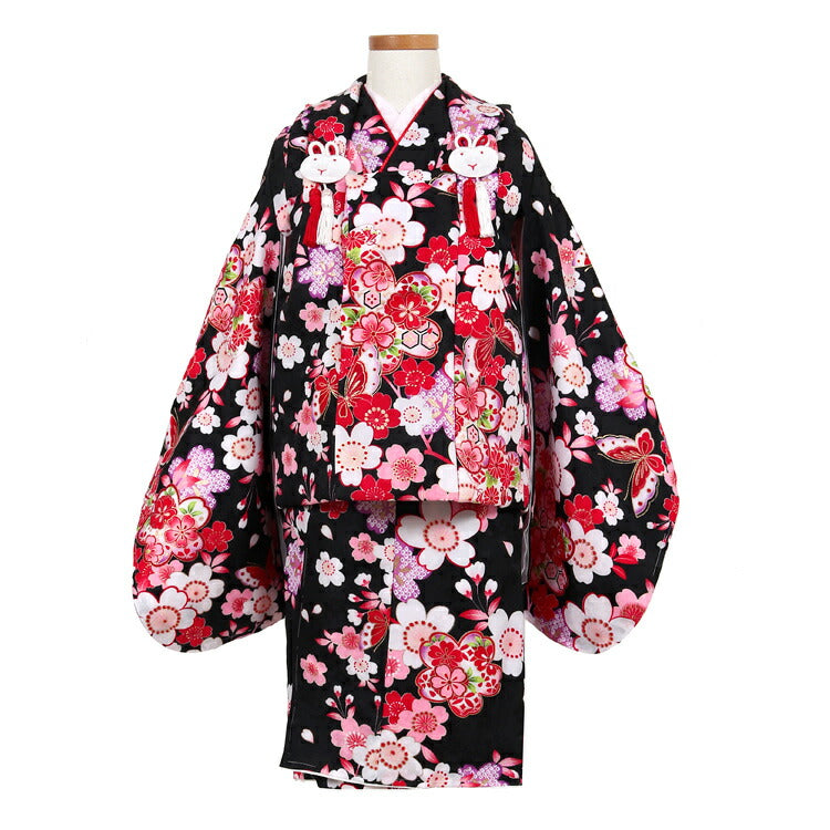 七五三 レンタル 3歳 女の子 着物セット 黒 ウサギ 蝶 適応身長92cm