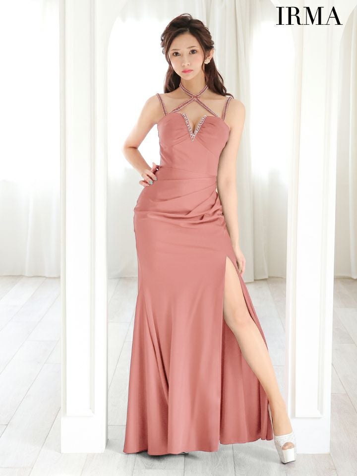 IRMA/イルマ】ホルターネック クロスデザイン ワンカラー ビジュー