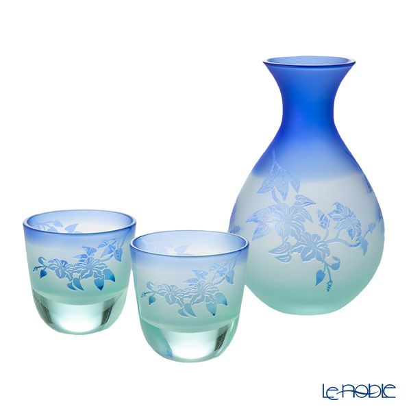 太武朗工房／タブロー 彫刻硝子 夢柄子 鉄線紋 酒器三点揃 グリーン