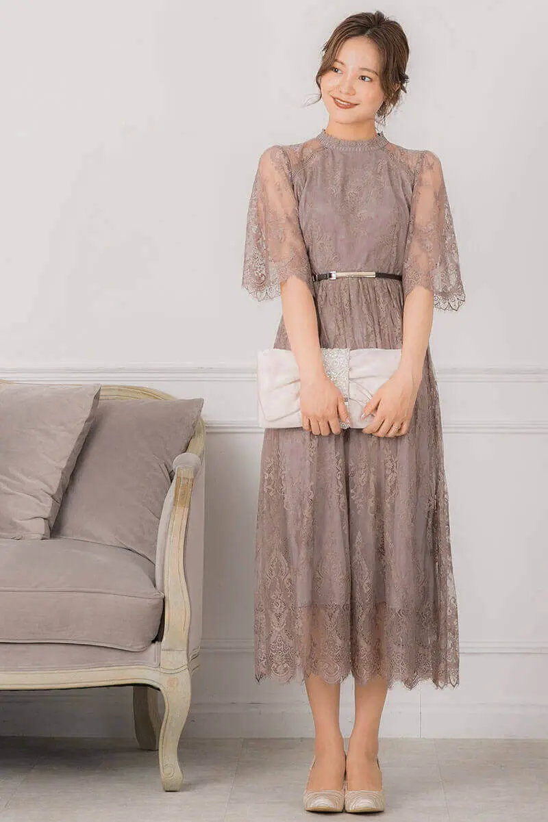 ダークラベンダーのハイネック5分袖総レースドレス | Dorrydoll | M