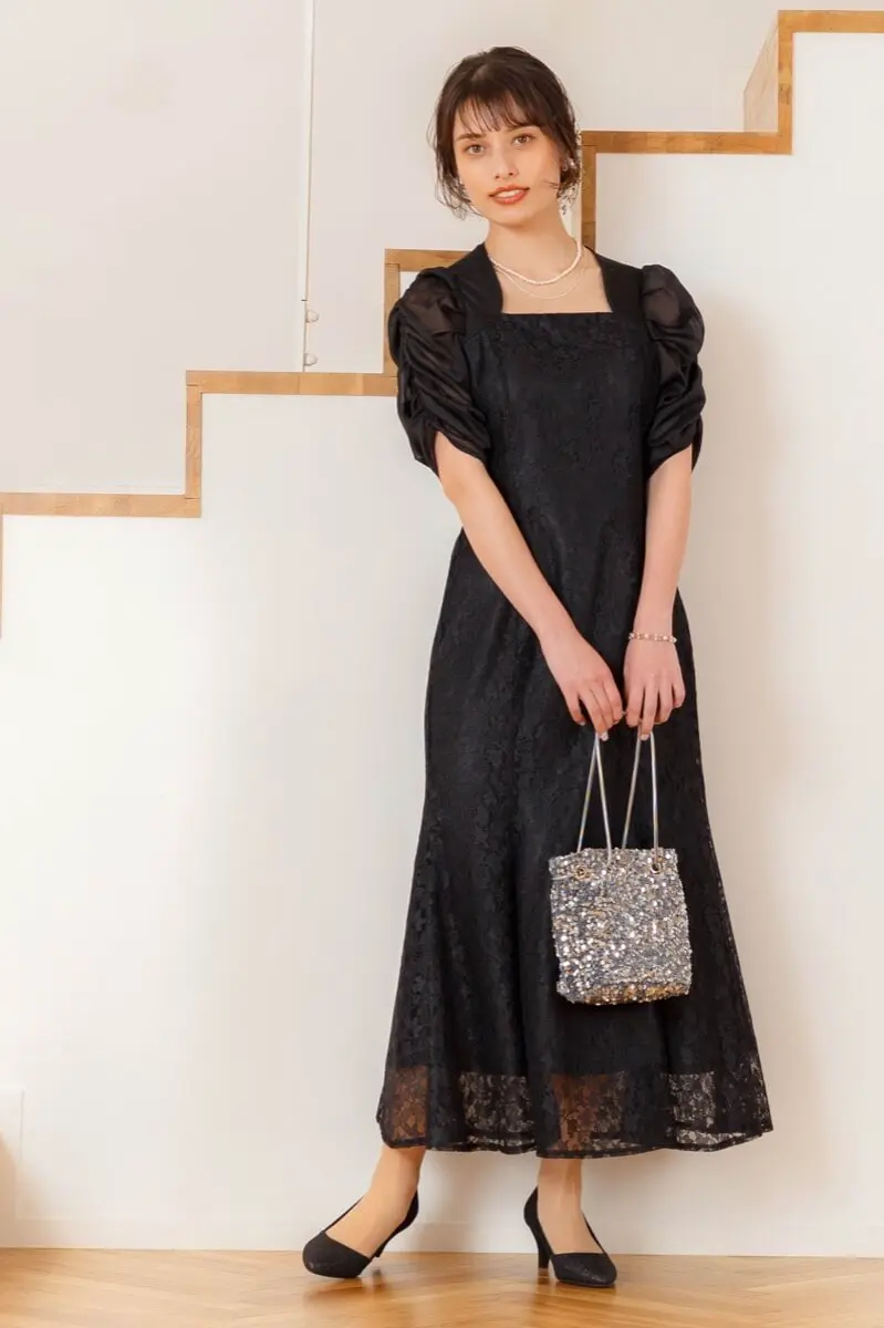 ブラックのギャザースリーブマーメイドドレス | Dorry doll | M | 結婚