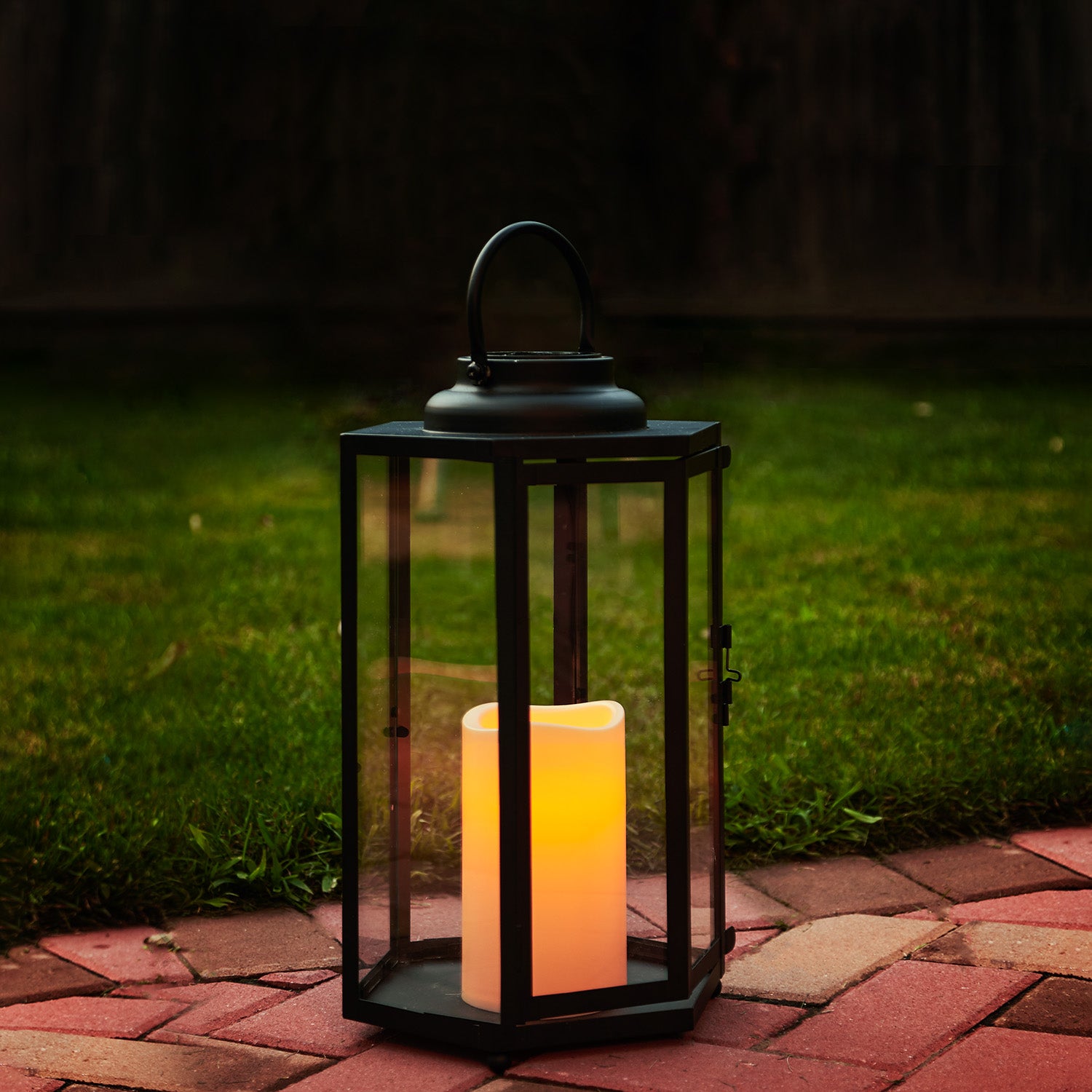 Open Box Rigel Hexagonal Metal Lantern with Solar LED Candle