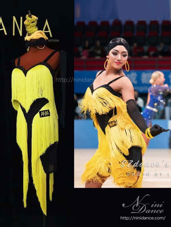 DA011黒と黄がエネルギッシュなフリンジラテンドレス : 社交ダンス