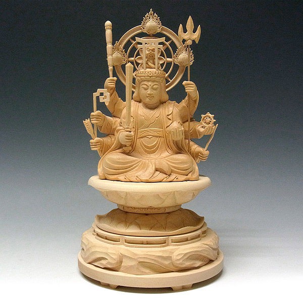 桧/檜(ヒノキ) 八臂弁財天(はっぴ弁財天) 高さ28cm （販売・木彫り