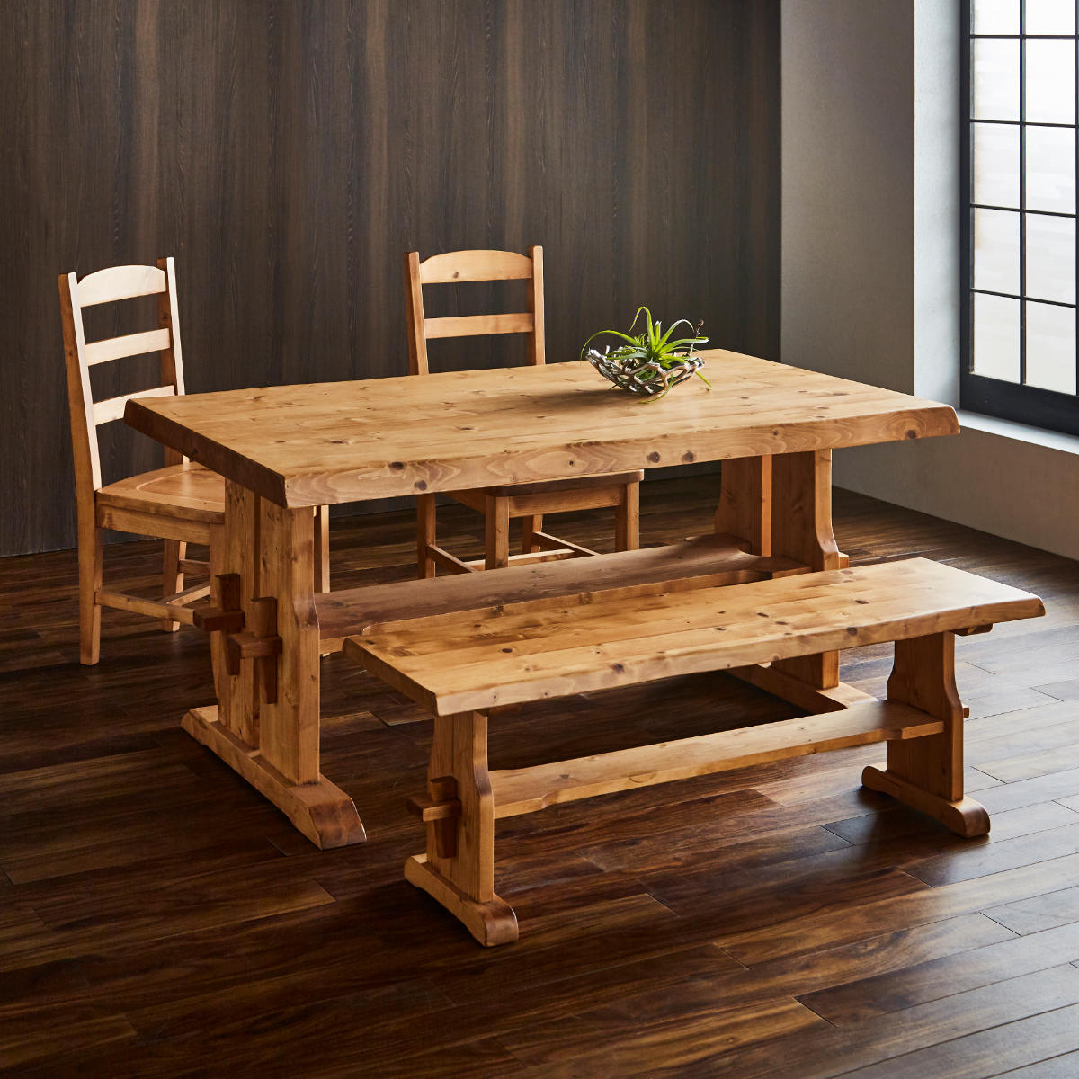 ダイニングベンチ 2人掛け 天然木 カントリー調 幅125cm （ 無垢 北欧
