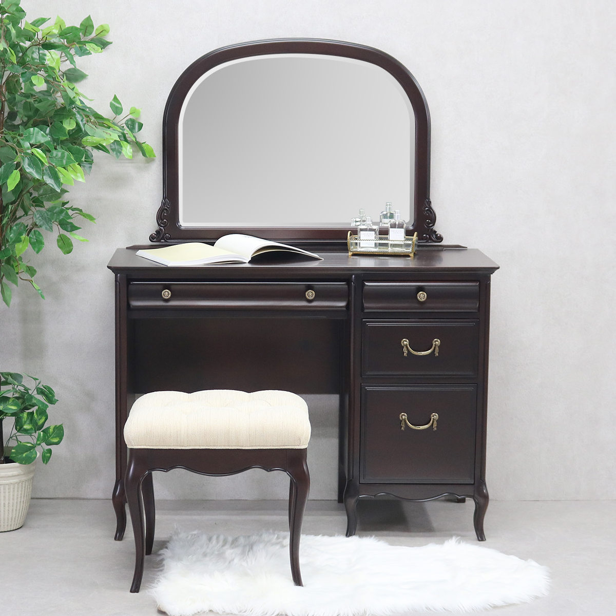 ドレッサーデスク 幅100cm 3点セット ミラーナ 木製 猫脚 （ スツール