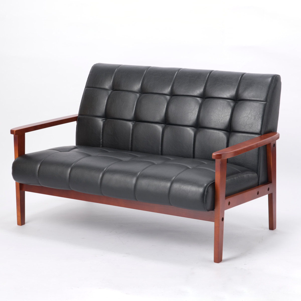 ソファ 2人掛け 幅122cm 木肘 レザーブラック ラニット （ PVCレザー