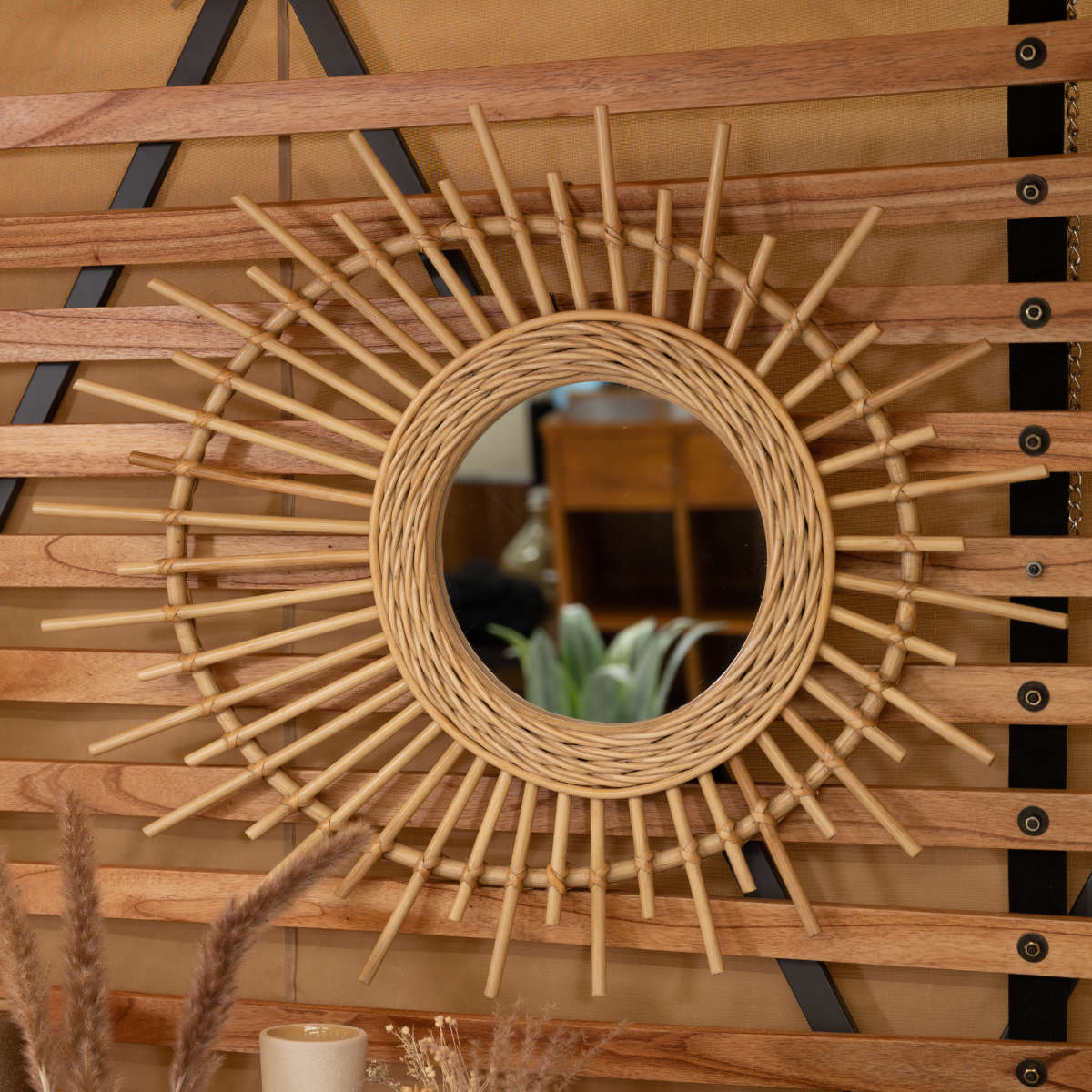 ウォールミラー ラタン 円型 73×60cm （ ミラー 壁掛け 鏡 かがみ 丸