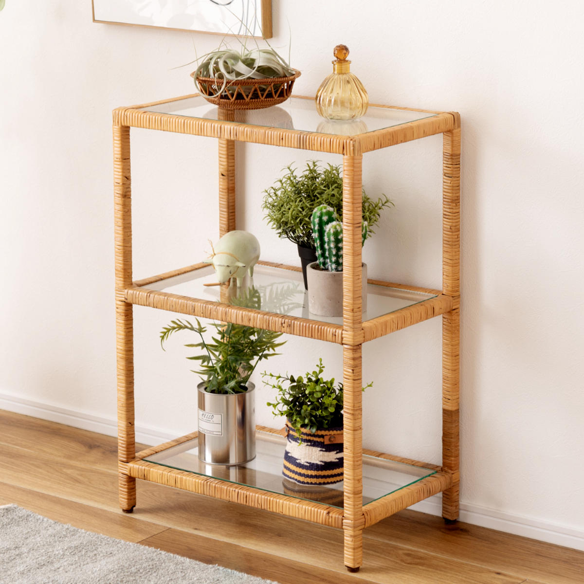 籐 オープンラック 幅50cm 3段 強化ガラス （ ラック ディスプレイ