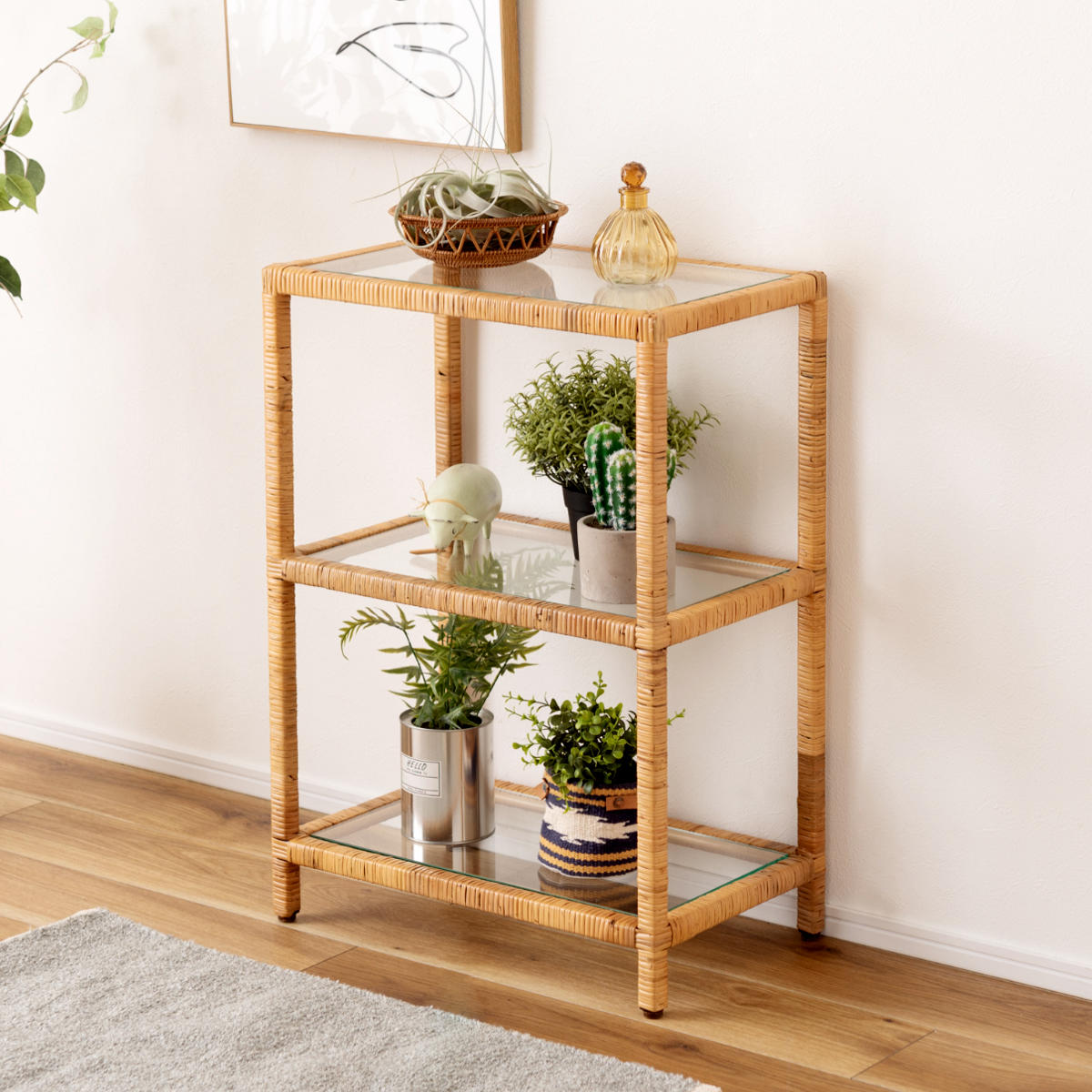 籐 オープンラック 幅50cm 3段 強化ガラス （ ラック ディスプレイ