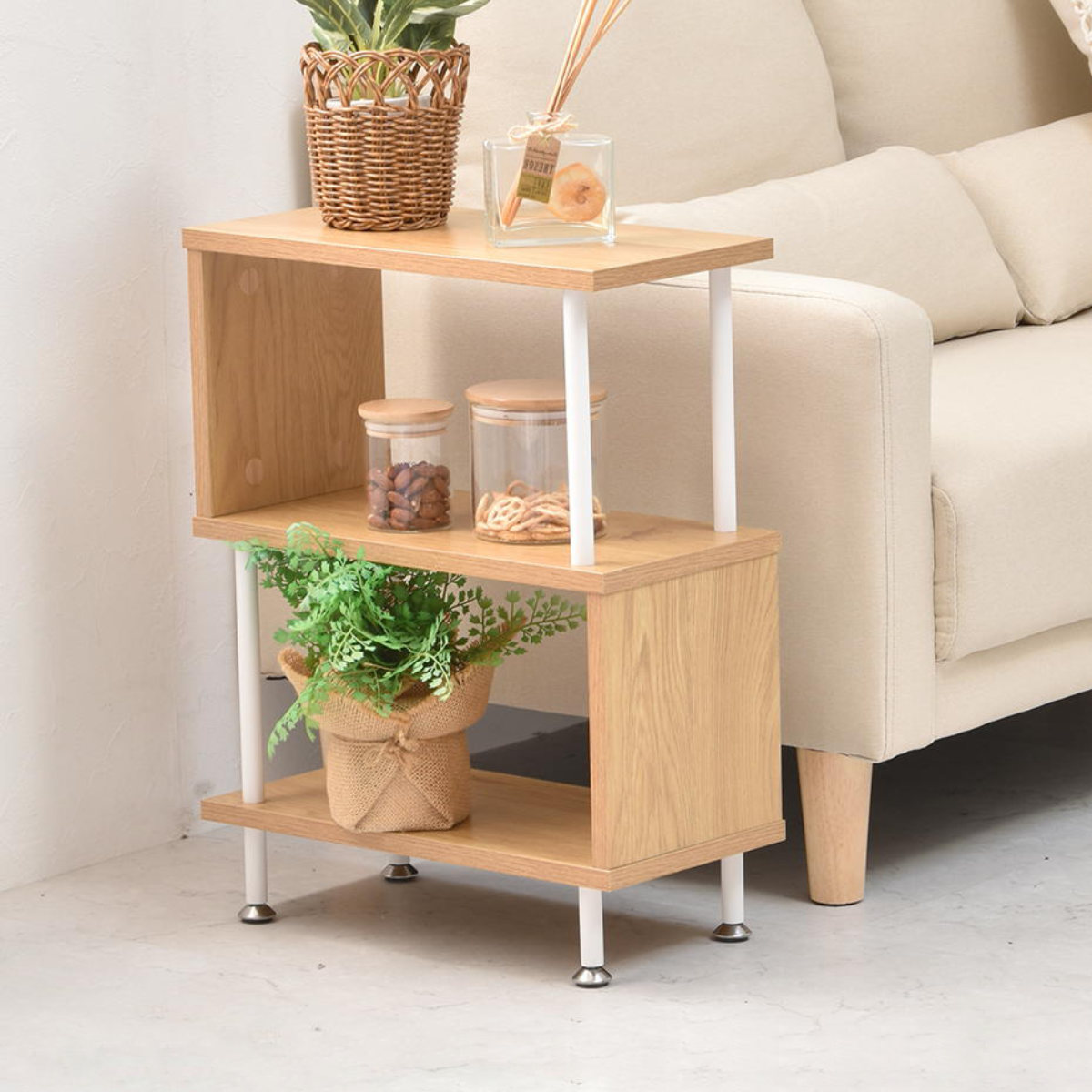 サイドテーブル 高さ52.5cm 収納付 WU （ ラック オープン 棚 収納 S字