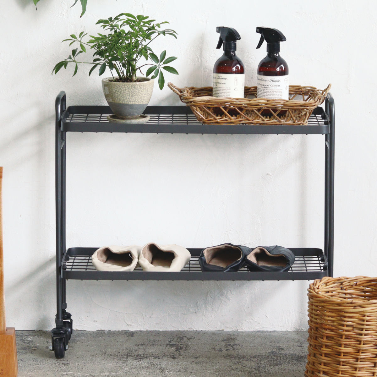 アイアンシェルフワゴン アンティークブラック 2段 （ シェルフ 収納