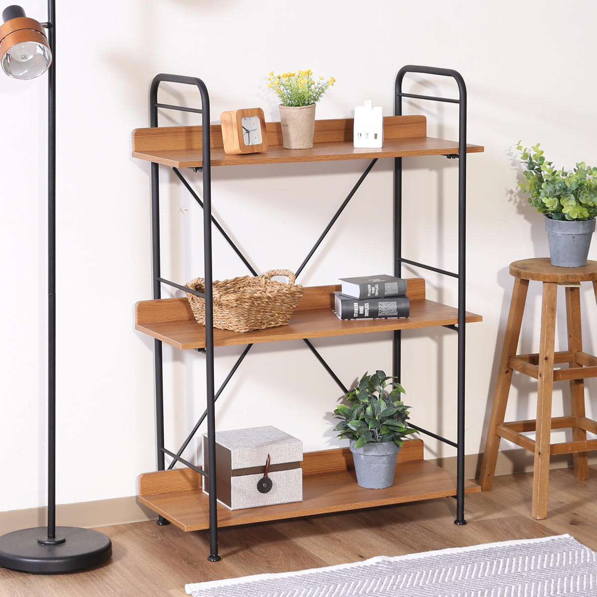 オープンシェルフ 幅71cm 3段 ブルックリン調 スチールラック （ 本棚