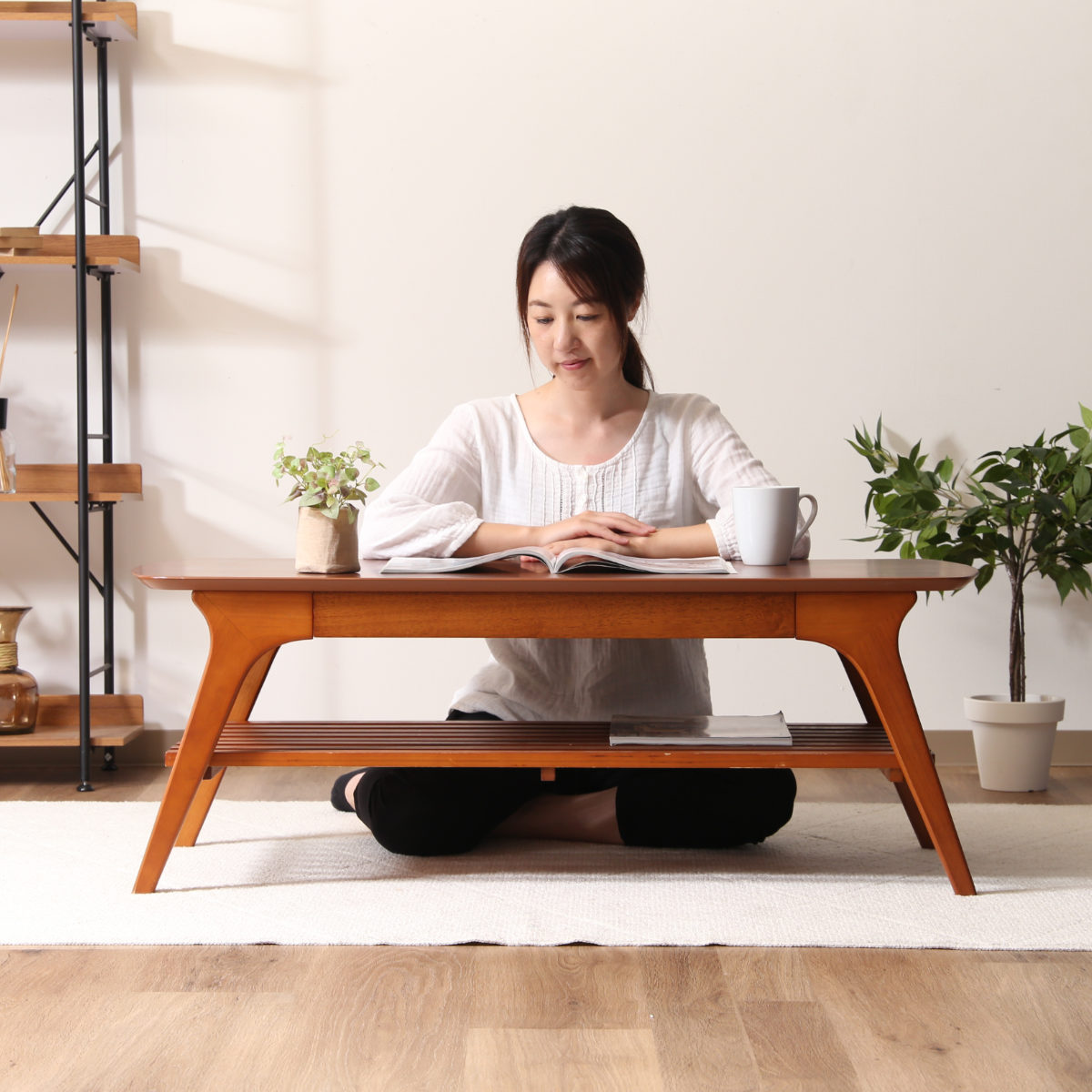 センターテーブル 幅110cm 木製 収納ラック付 ローテーブル