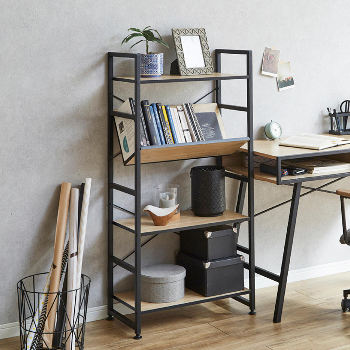 ブックシェルフ 幅60cm 4段 木製 アイアン （ 本棚 棚 ラック 収納