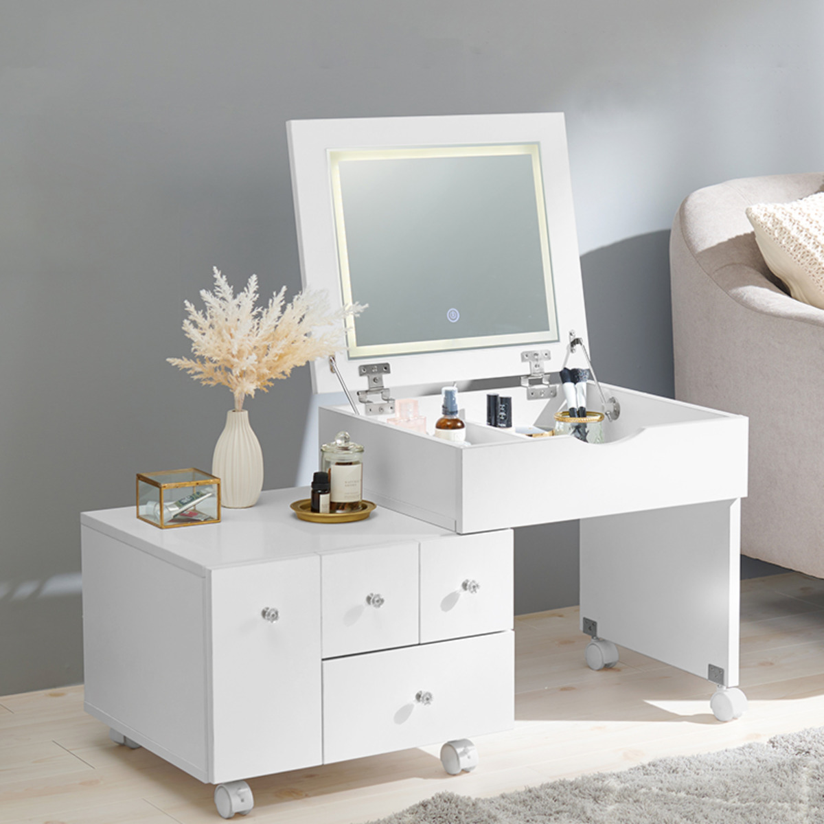 ドレッサー ワゴン 幅48～86cm 伸縮式 ライト付き （ 鏡台 化粧台 LED