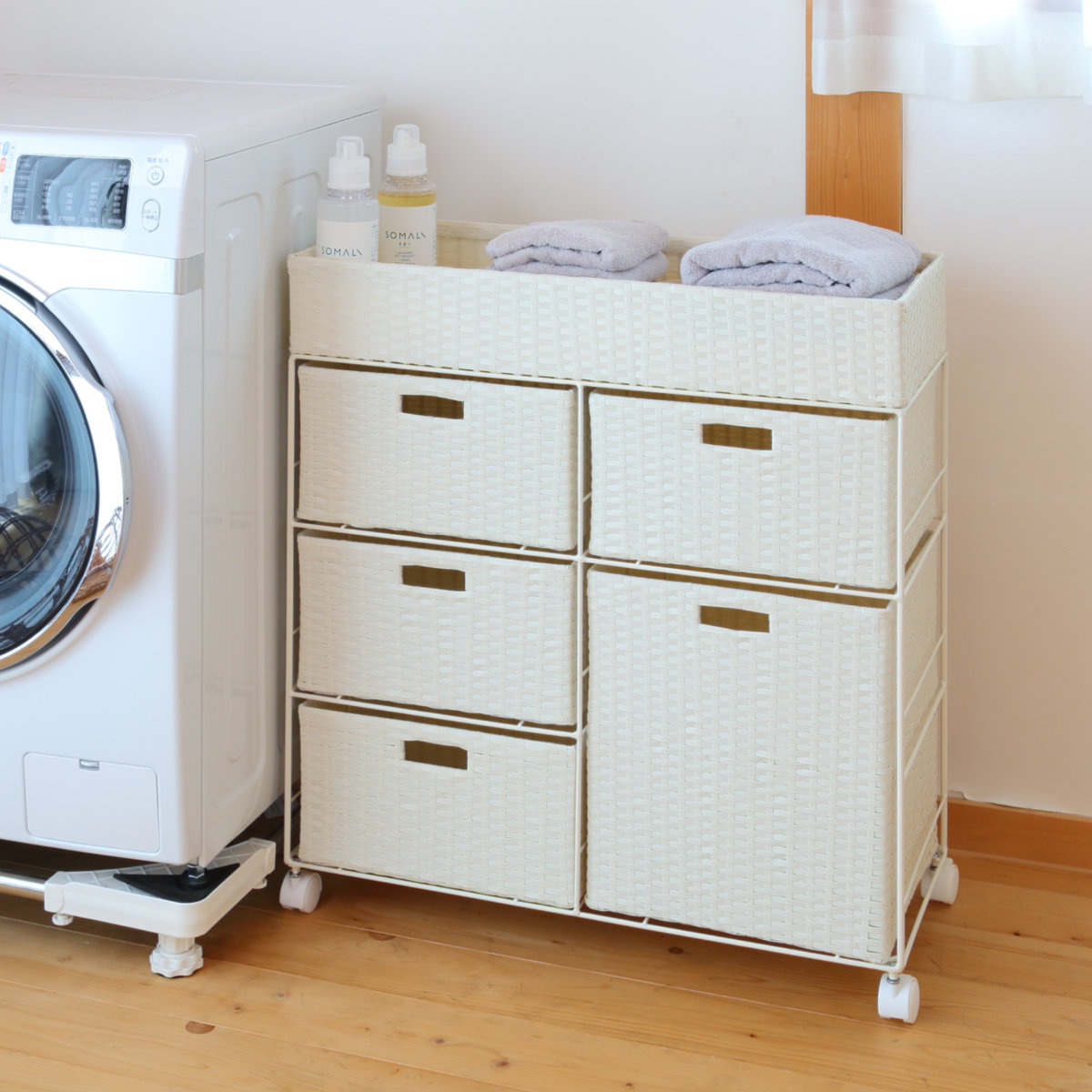 ランドリーチェスト 幅70.5cm 3段 ワイド 引出し キャスター付 完成品