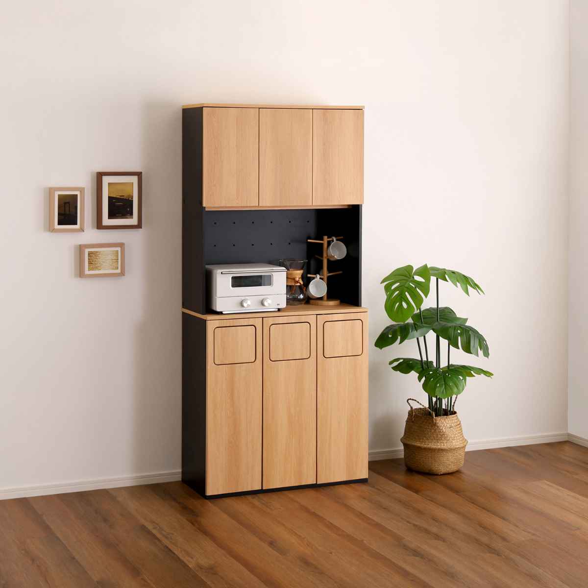 ゴミ箱一体型食器棚 幅80cm ゴミ箱3つタイプ45L対応 ヴィンテージ