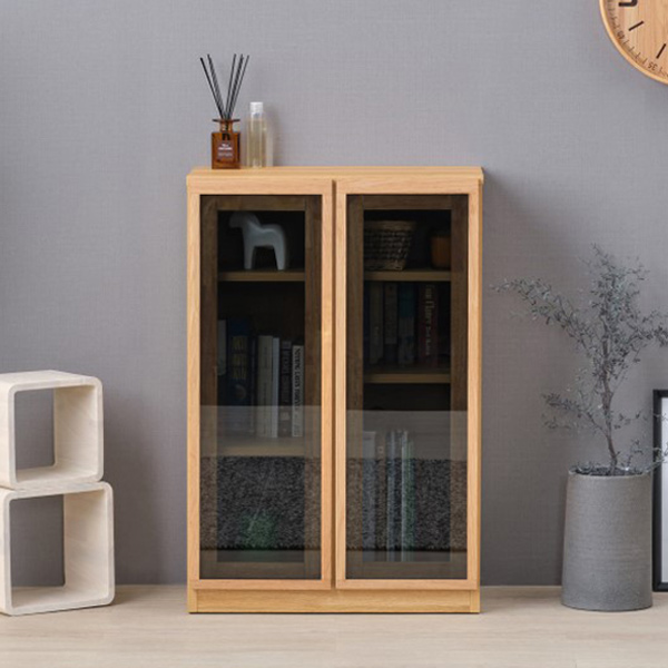 本棚 ブックシェルフ 北欧風 2枚扉 ブラックガラス JENNER 幅60cm