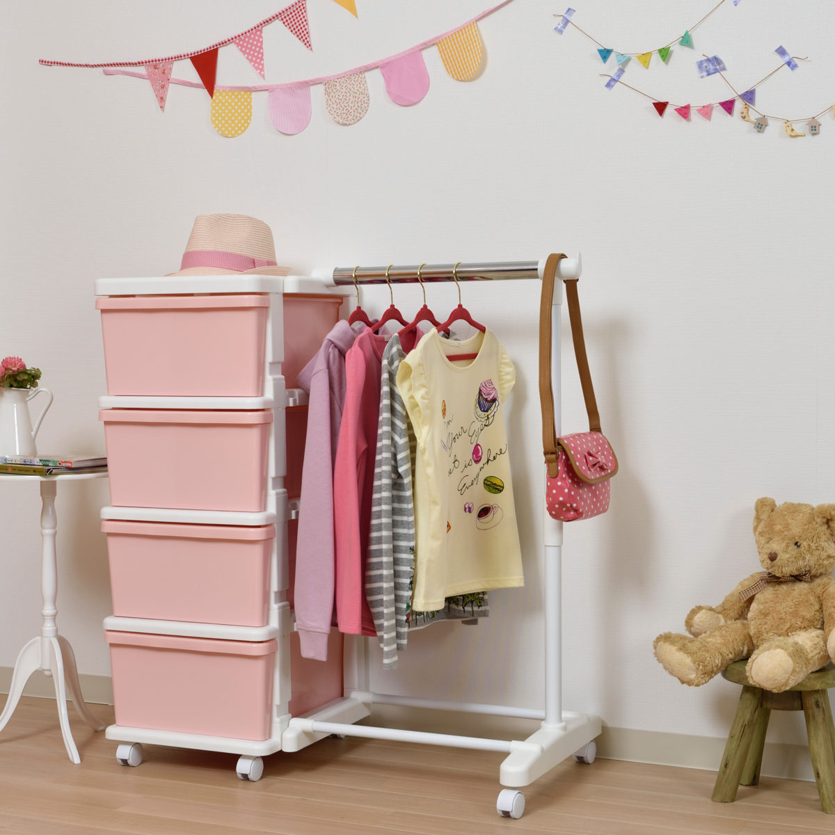 収納ケース カラーシーズユニット 4段 パイプハンガー付き 組み立て式