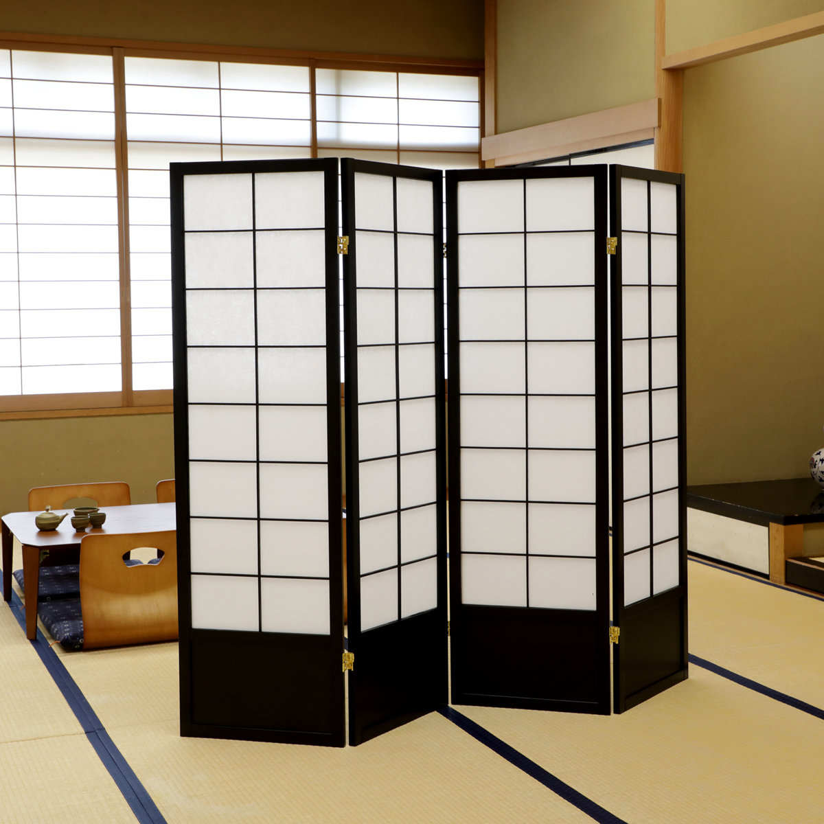 和風衝立 4連 折りたたみ 高さ150cm 天然木 完成品 不織布 （ 衝立