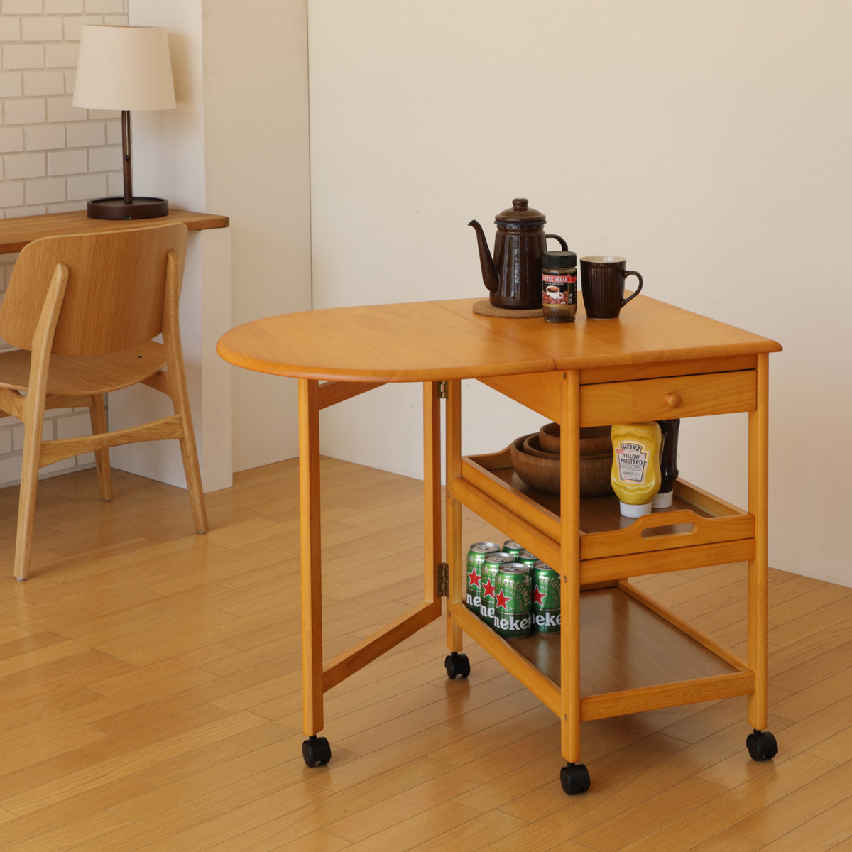 キッチンワゴン 幅42.5～85cm キャスター付 木製ワゴン バタフライ 片