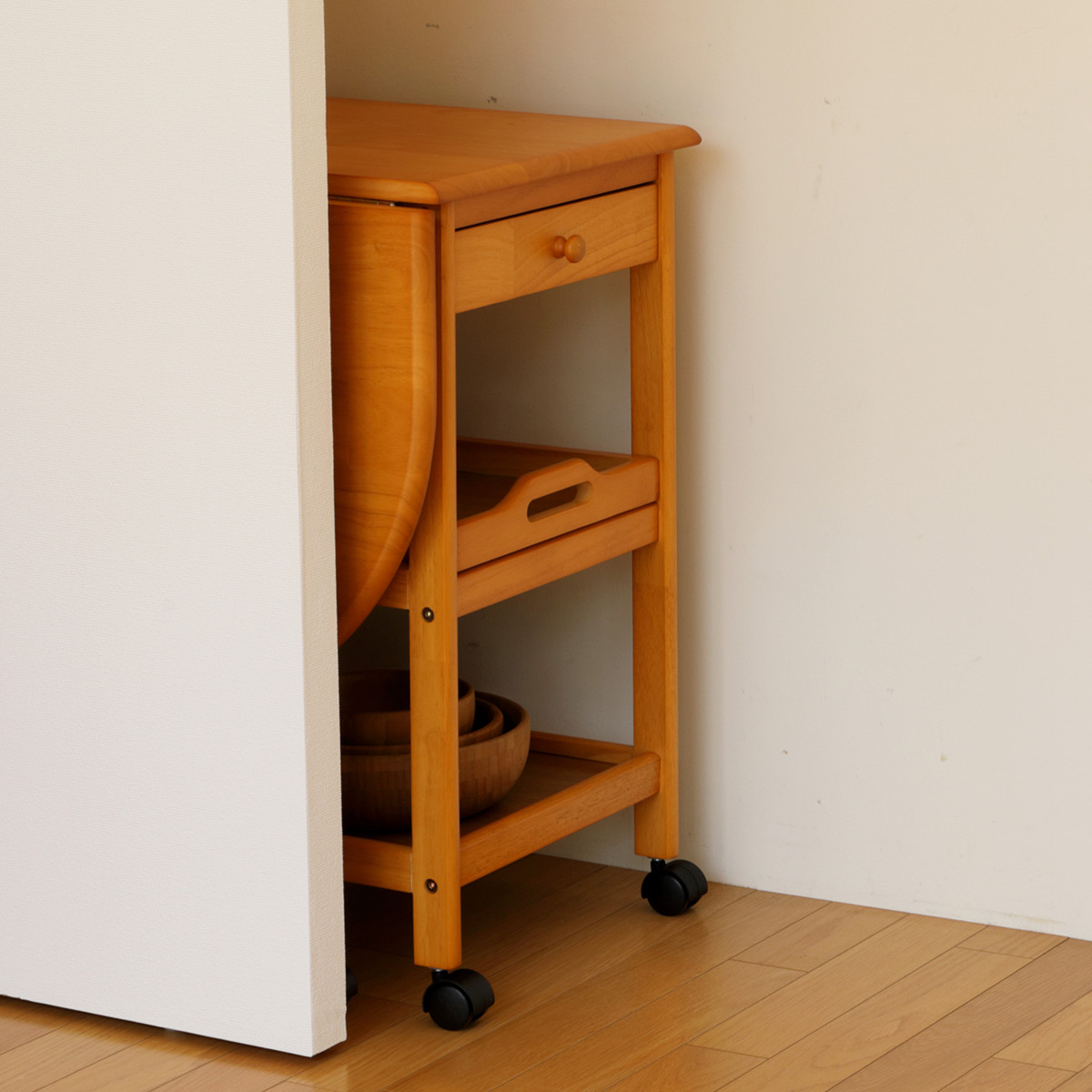 キッチンワゴン 幅42.5～85cm キャスター付 木製ワゴン バタフライ 片