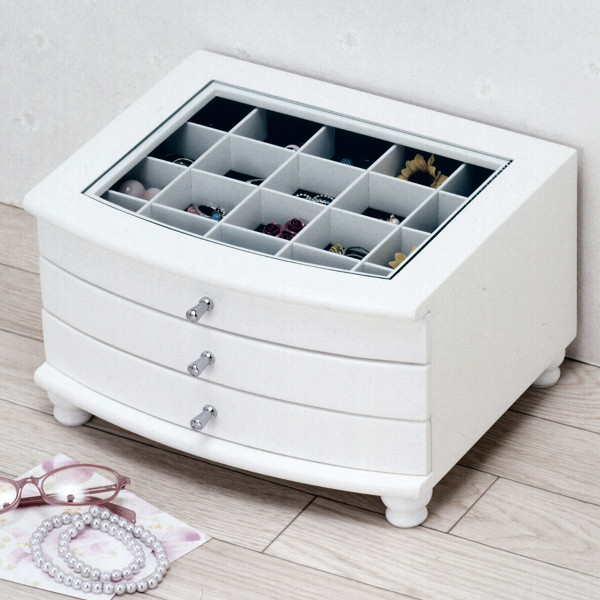 アクセサリーチェスト 3段収納 ジュエリーボックス ガラストップ 幅