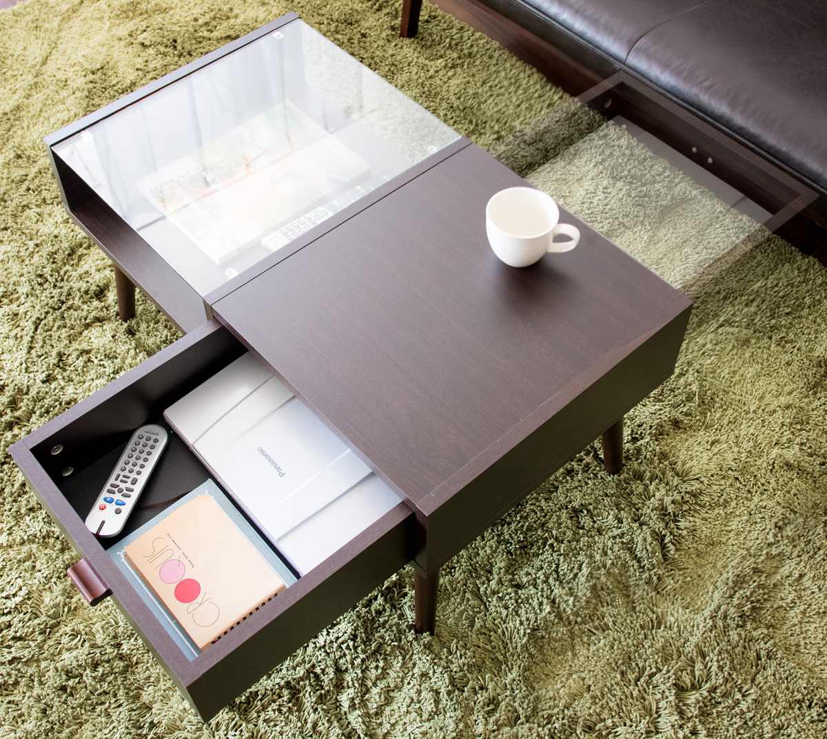 センターテーブル 幅80cm ガラス天板 収納 引き出し 木製 （ テーブル