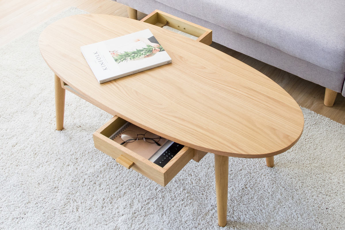 センターテーブル 幅110cm 木製 引き出し オーバル （ リビング