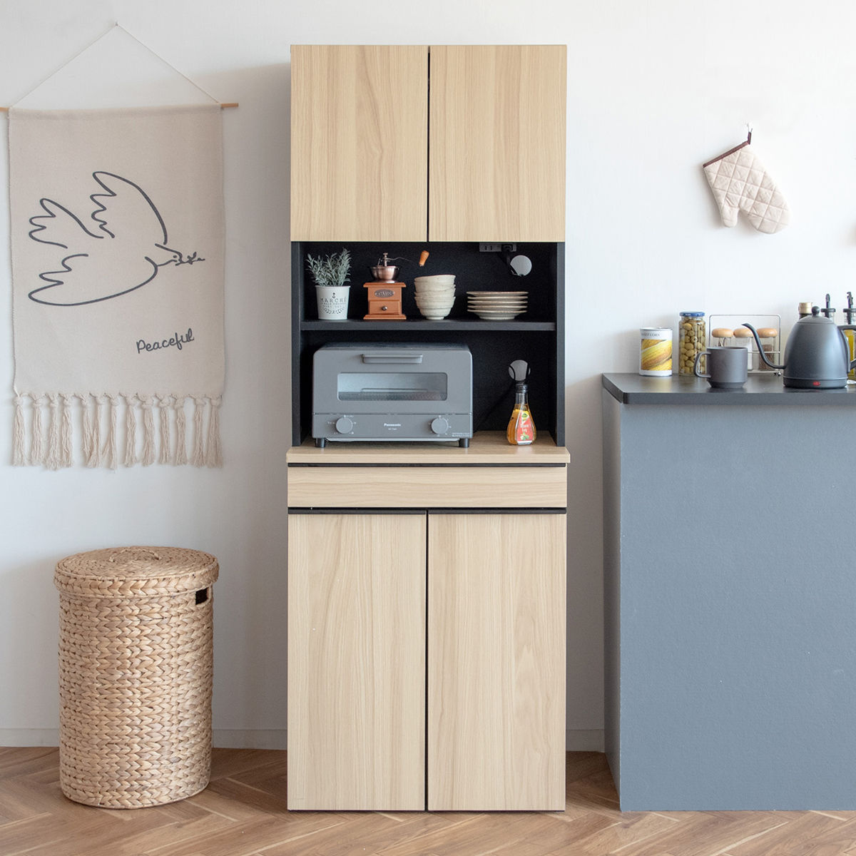 食器棚 45Lゴミ箱 一体型 幅60cm ダストボックスラック （ ゴミ箱付