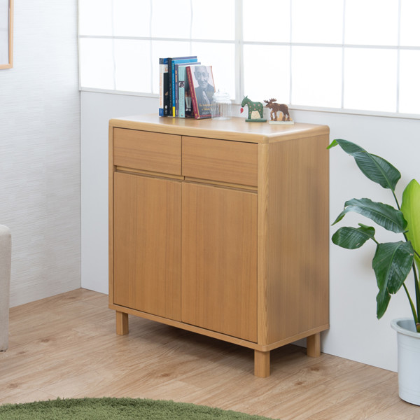 キャビネット 両開き 引出し付 天然木 タモ材 幅75cm （ 収納 リビング