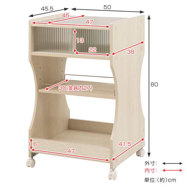 キッチンワゴン 幅50cm ステンレストップ キャスター付 ガラス引き戸