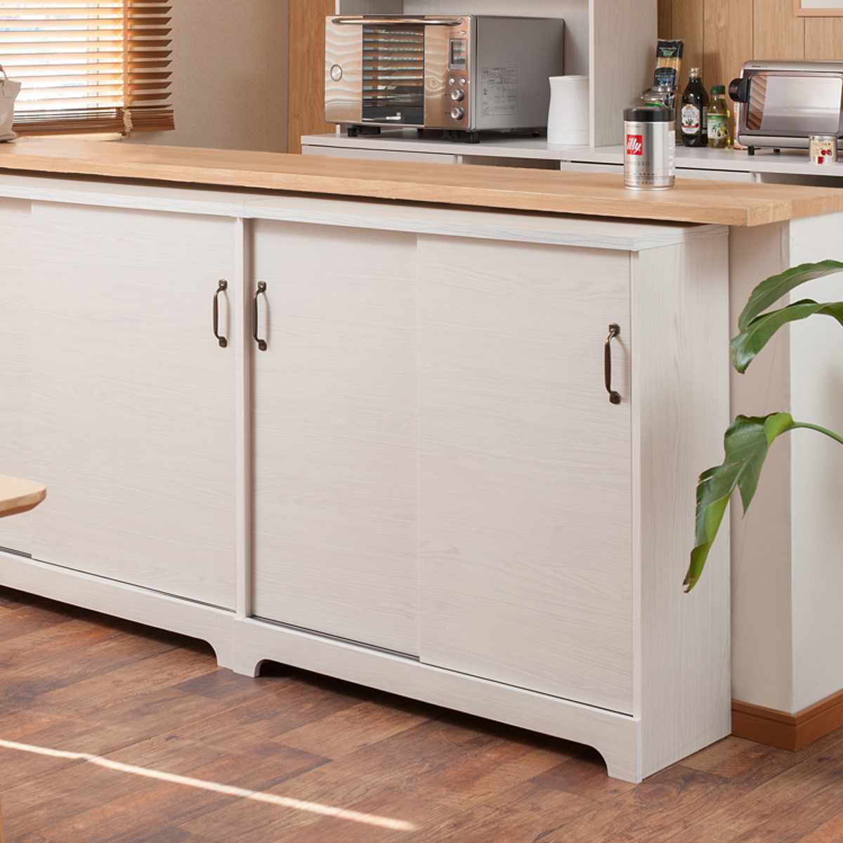 カウンター下収納 引き戸 キャビネット 幅90cm ホワイト木目 （ Late