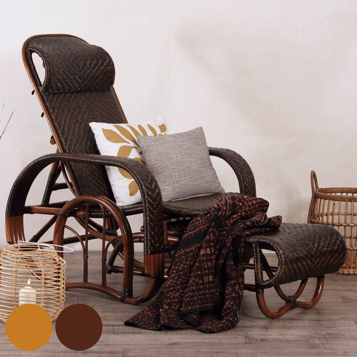 籐 座椅子 フットレスト付 ハイバック 三つ折椅子 ラタン家具 WAHOO 座