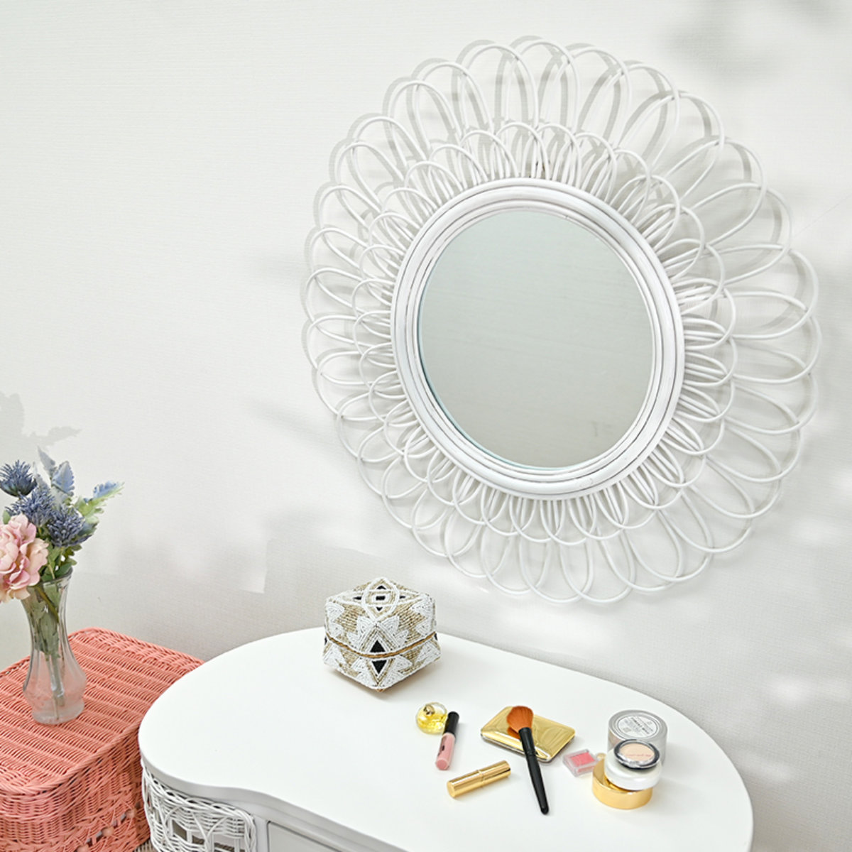 ラウンドミラー ラタン 幅70cm 吊り下げ fiore （ ラタンミラー