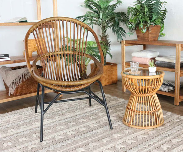 籐 座椅子 椅子 アイアン脚 ラタン製 籐家具 座面高40cm （ ラタン