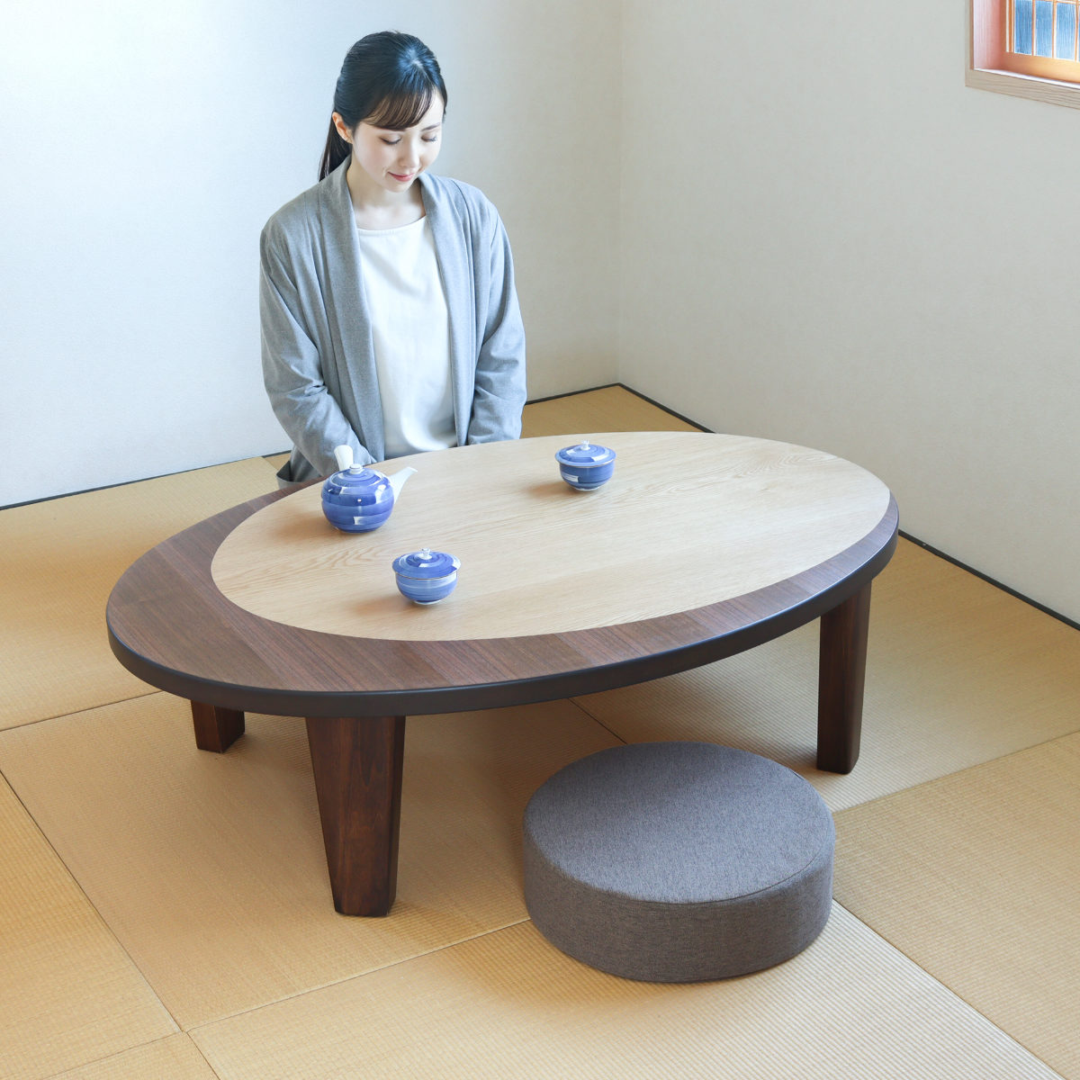 座卓 幅120cm オーバル型 折れ脚 クラン 木製 完成品 日本製