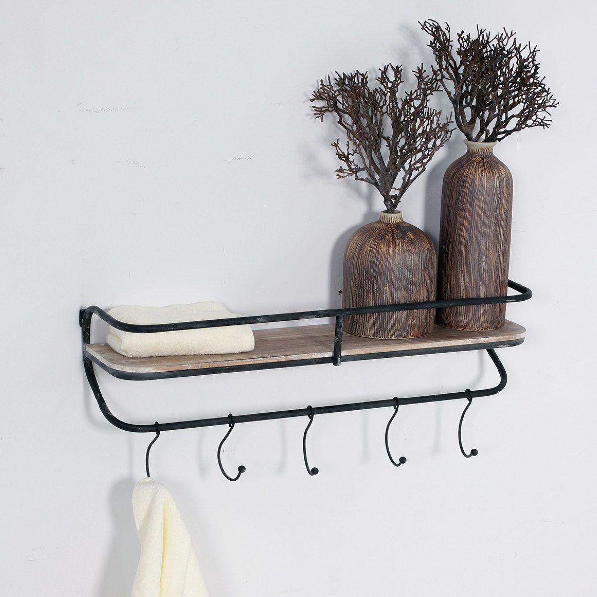 シェルフ カントリー 壁掛け棚 フック付き 幅61cm （ ウォールシェルフ