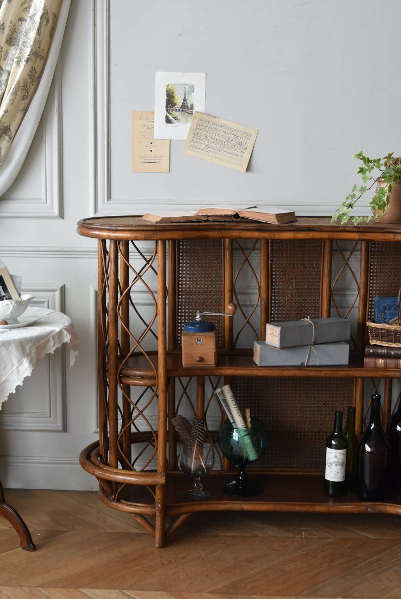 フランスヴィンテージ家具 オープンシェルフ.ラタン3 バーシェルフ