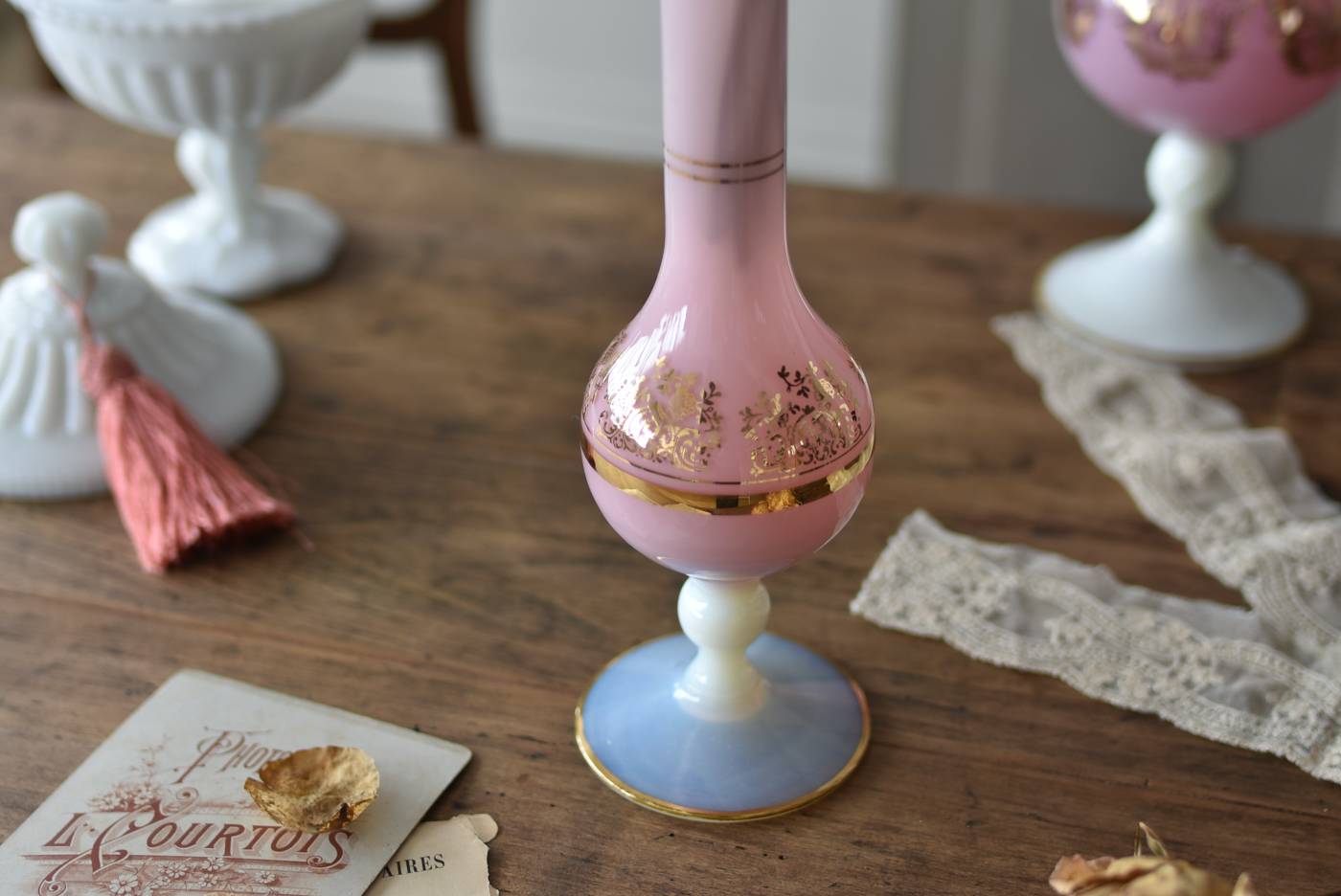 オパリンガラスフラワーベース.P12 フランスヴィンテージ雑貨 花器