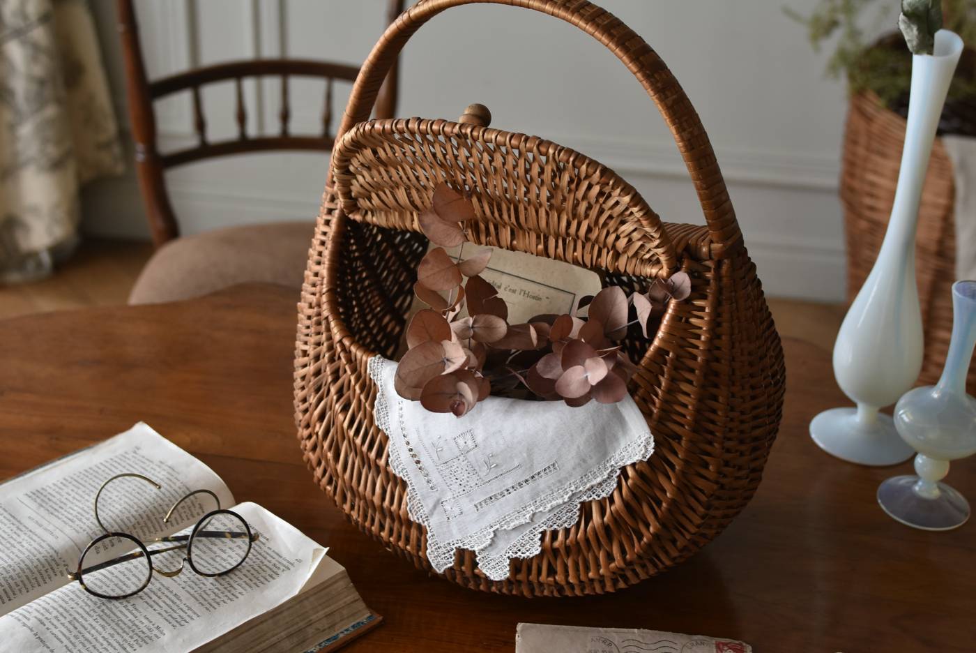 かごバッグ.蓋付き ヴィンテージ バスケット パニエ フランス