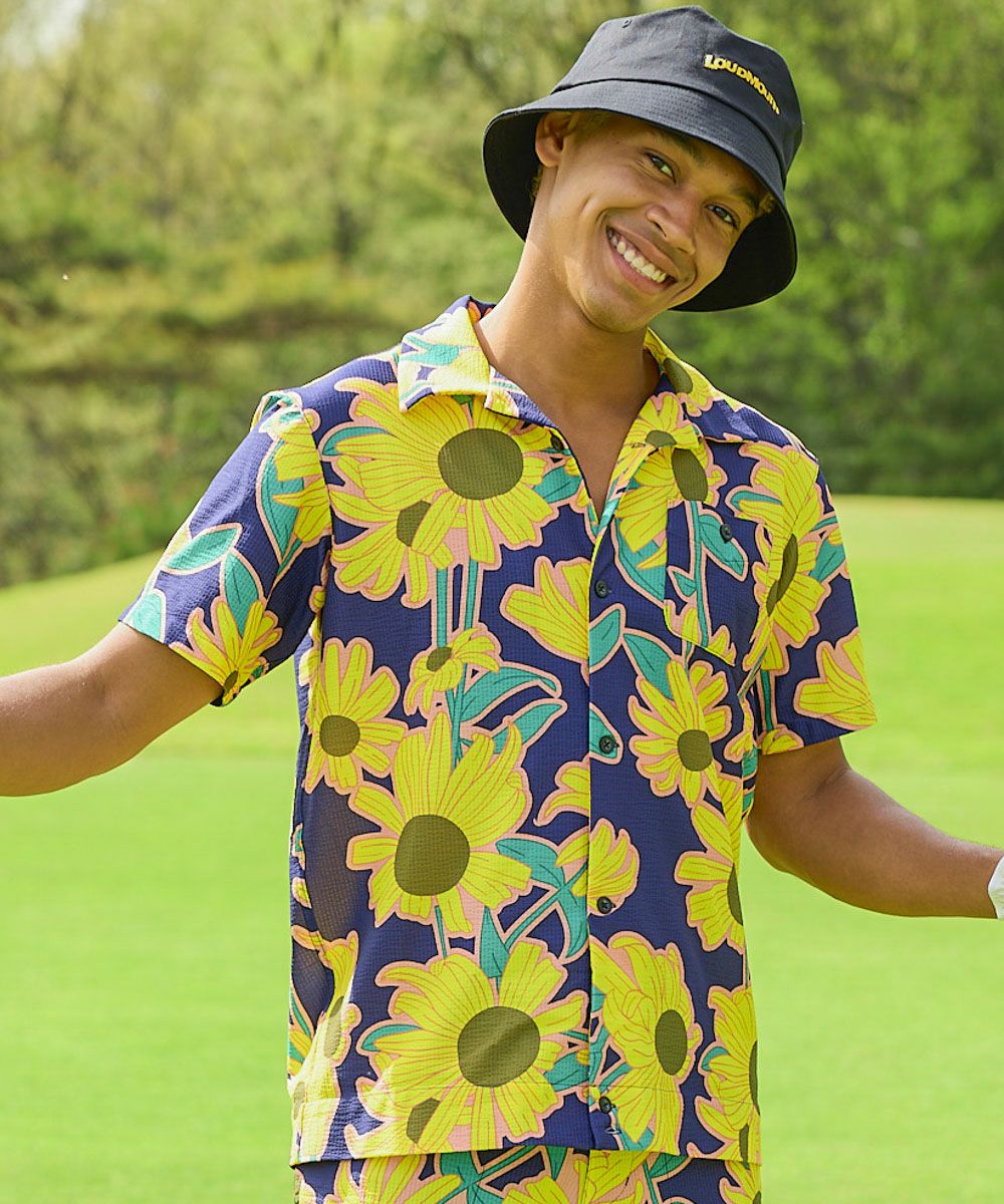 メンズ ストレッチサッカー 柄開襟半袖シャツ Retro Helianthus/レトロ