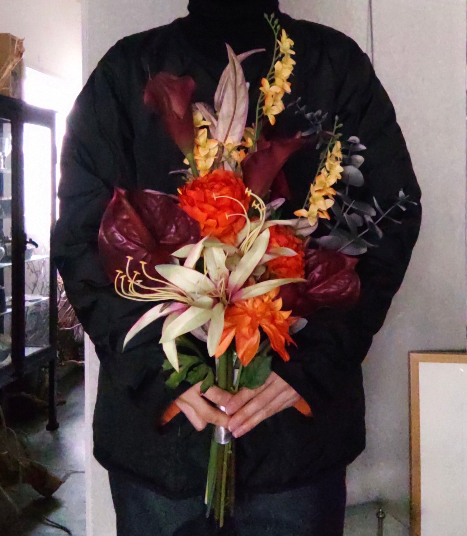 アーティフィシャルフラワー 艶やかなボルドー×オレンジブーケ