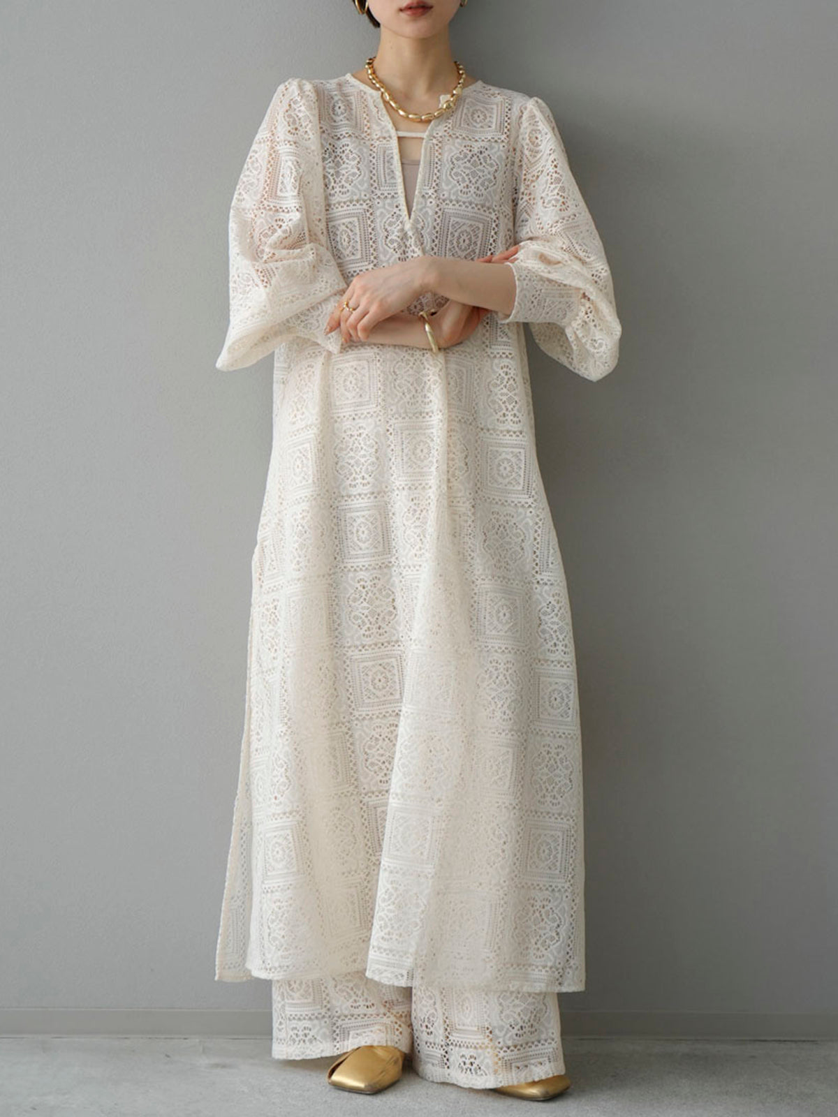 予約]ブロックレースボリュームスリーブワンピース/アイボリー – Lumier