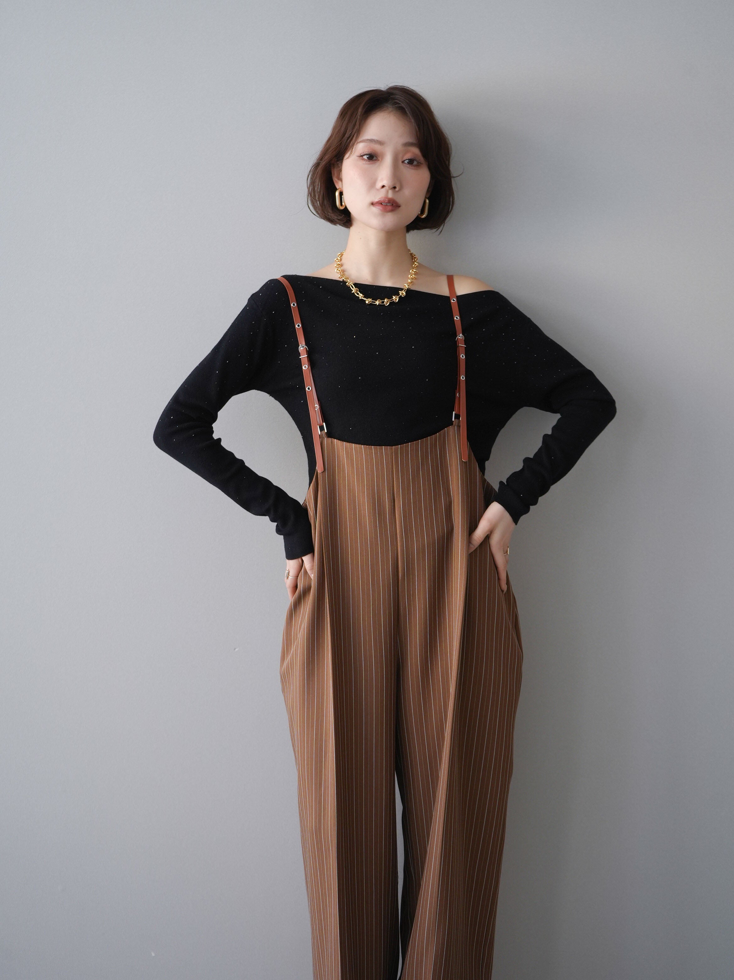 予約]ヘリンボーンストライプサス付サロペット/goldbrown – Lumier