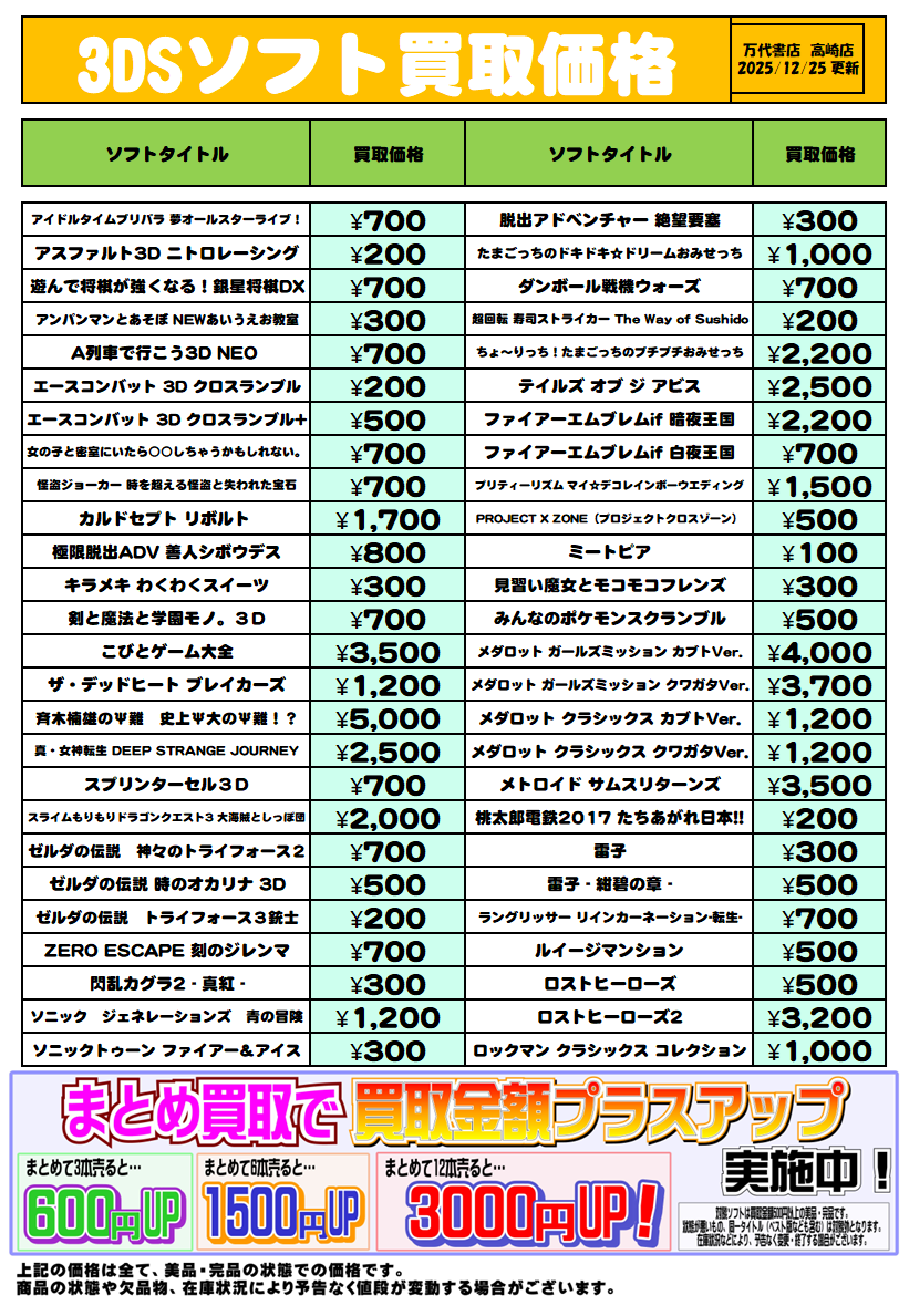 ☆3DSソフト買取告知☆ - 万代書店 高崎店