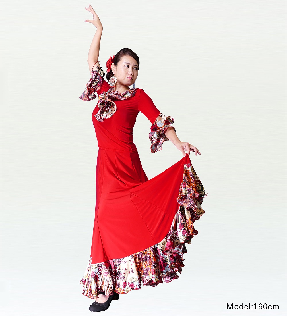 フラメンコ ローズ＆ペイズリーフリル セットアップ レッド 1902r