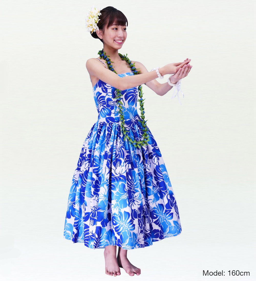 フラダンスムームー ハイビスカス ミディ丈 ブルー 2378bl